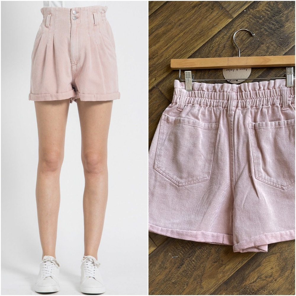 Aaron & Amber Washed Mauve Denim High Waisted Paperbag Shorts - Picture 6 of 6